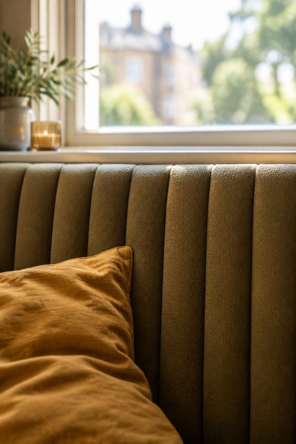 Fluted putty-green banquette backrest stopping just below a kitchen window sill, with a rumpled ochre cushion in the corner