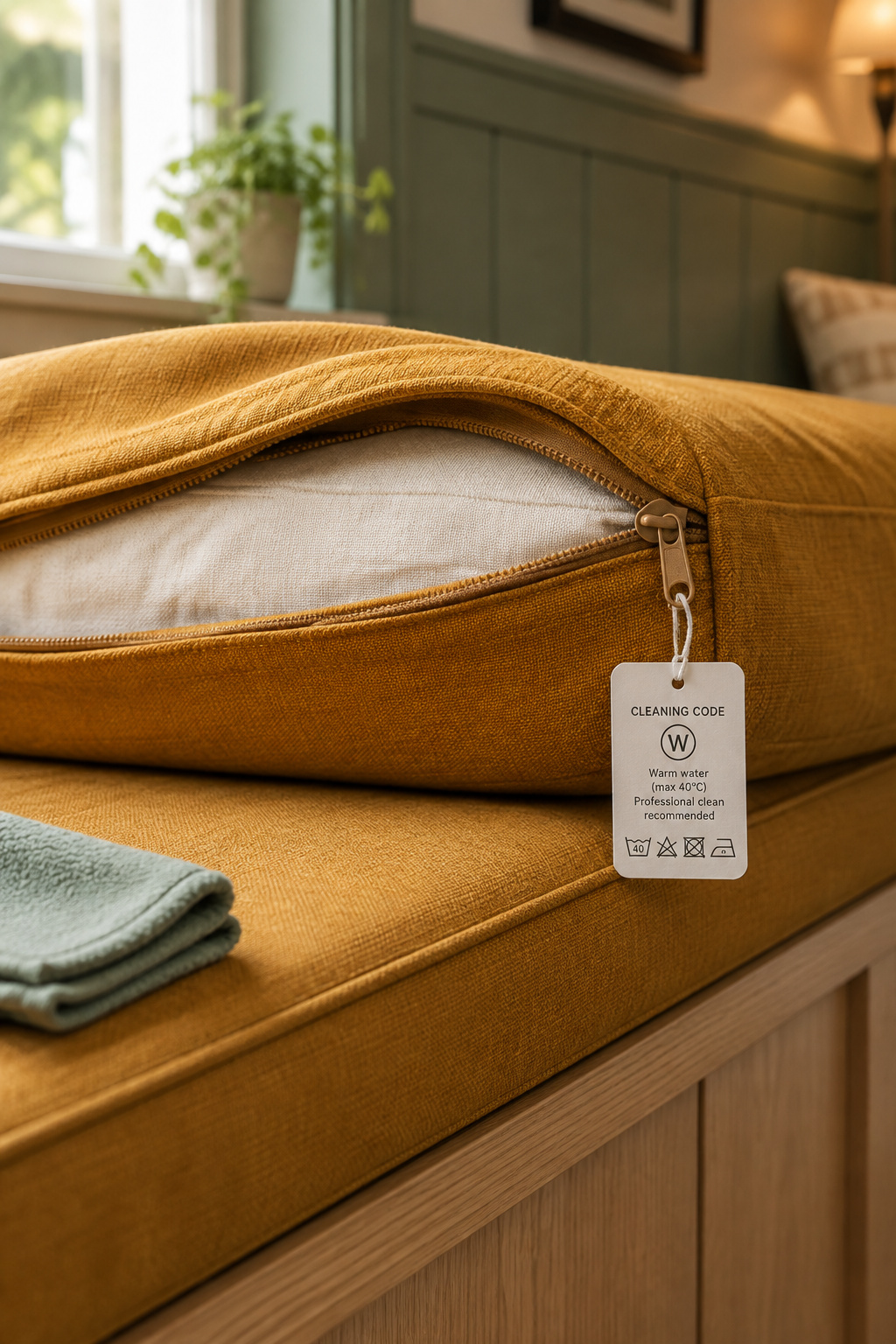 Banquette cushion with its zip-off performance-fabric cover pulled halfway off, cleaning-code hang-tag visible beside a folded cloth