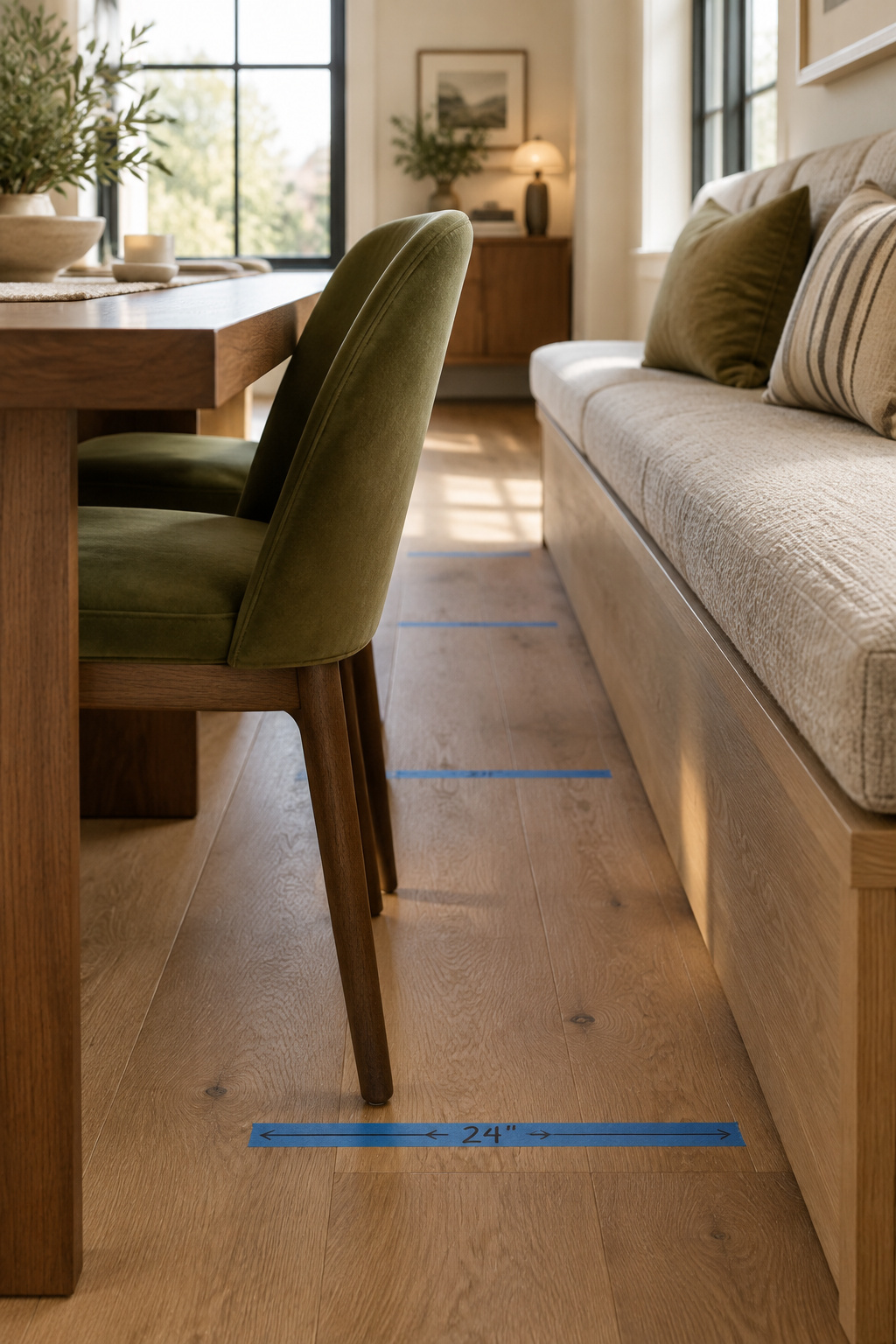 Floor-level view of the walkway clearance behind a banquette bench with an olive dining chair pushed halfway under the table