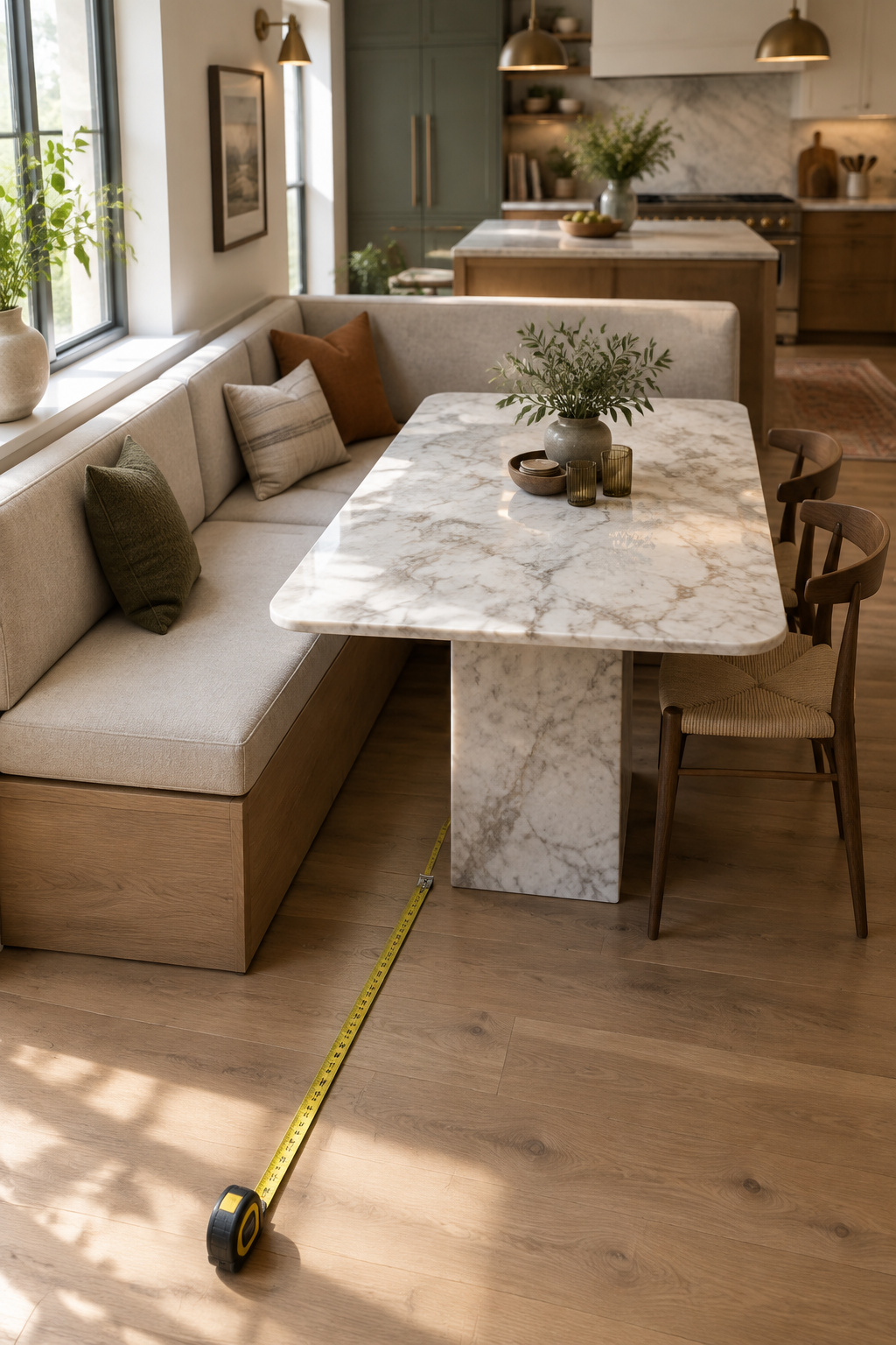Elevated view of an L-shaped corner banquette's full footprint against a marble pedestal table, with a measuring tape laid along the floor