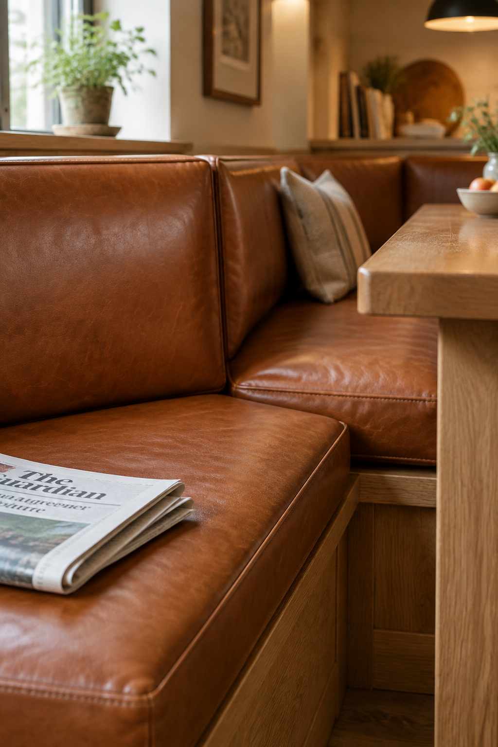 Close view of the corner seam where two runs of a cognac leather banquette cushion and oak backrest meet