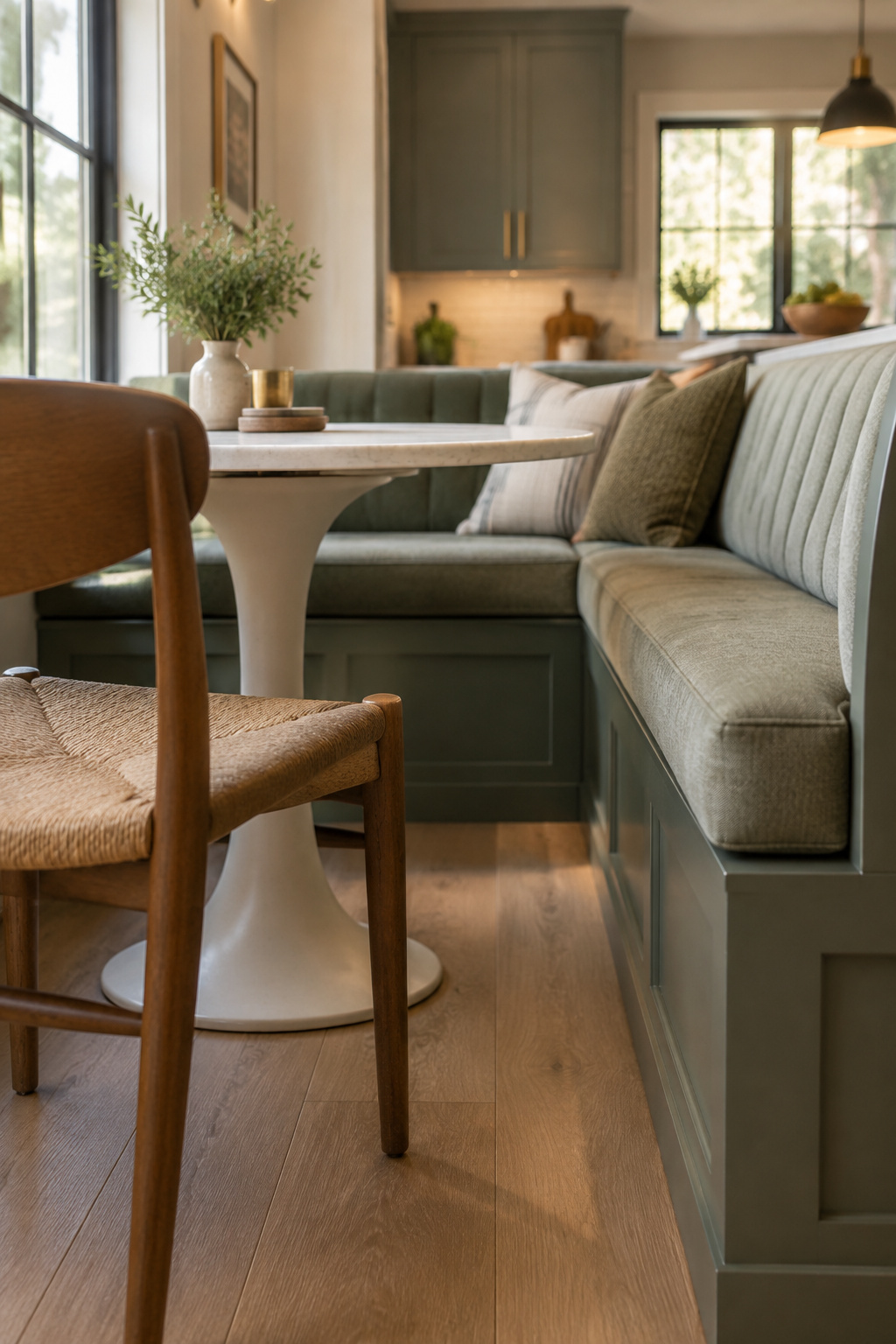 Inside corner of an L-shaped olive-green banquette bench showing the narrow exit path beside a pedestal table, with a chair pulled halfway out