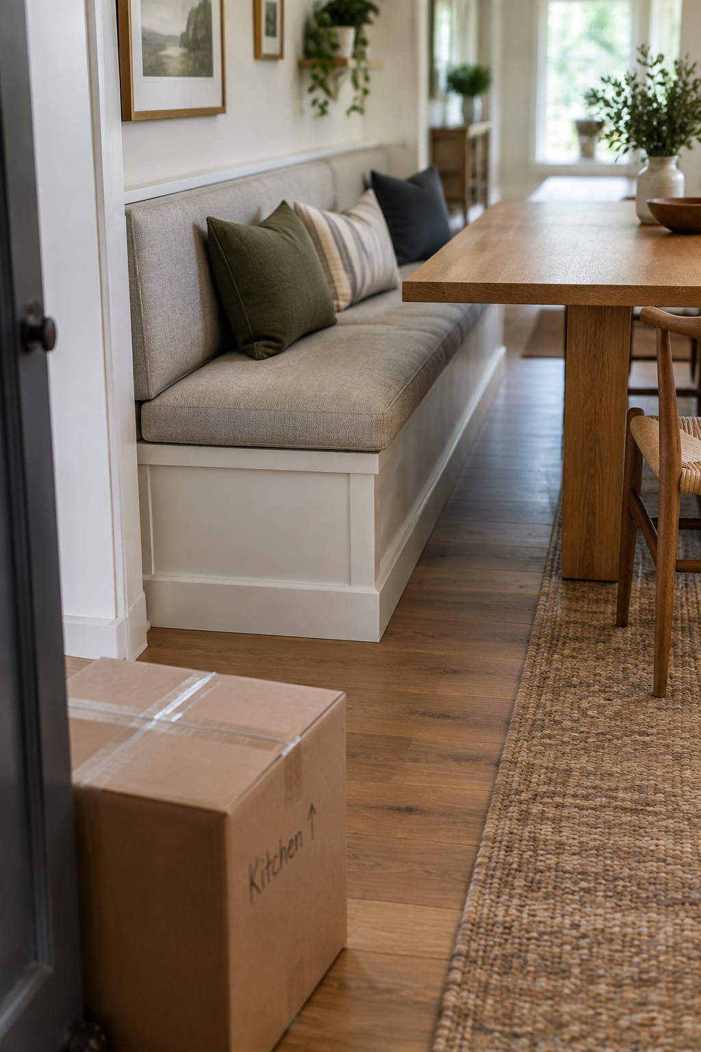 A built-in banquette bench fixed along a kitchen wall with its toe kick meeting the floor, a closed moving box visible near a doorway in the background