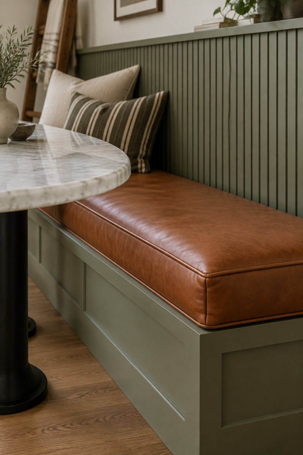 Close view of a cabinetmaker-built corner banquette with a fluted panel back and a welted cognac-leather cushion against a honed marble tabletop edge