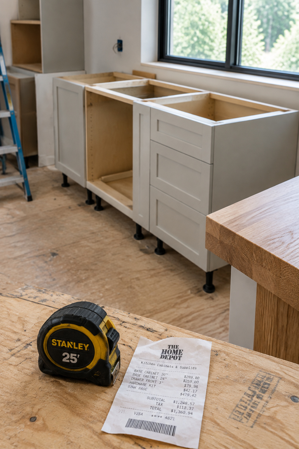 Unfinished stock wall cabinets set on a painted ladder base in a kitchen corner, with a tape measure and receipt on the unfinished plywood deck