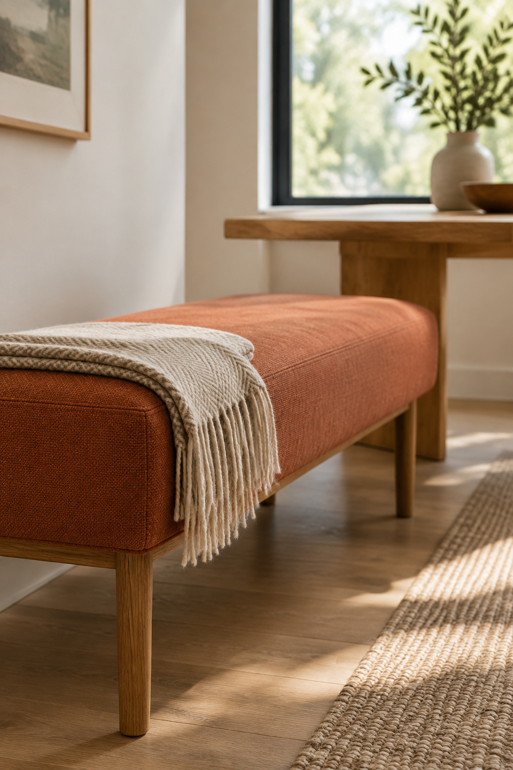 A freestanding upholstered bench with a terracotta cushion and visible legs, pulled up to an oak table with a visible gap behind it and the wall