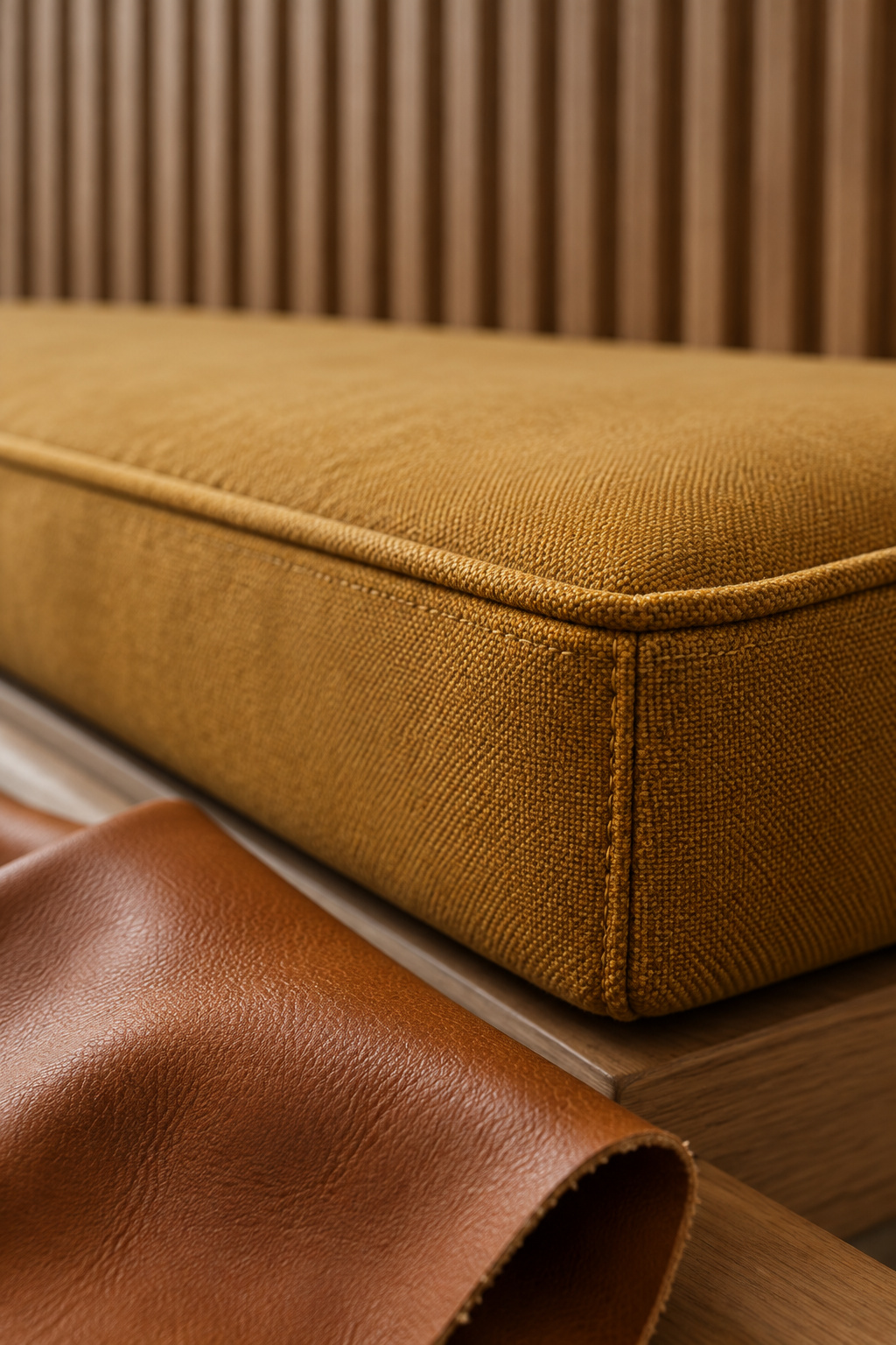 Close view of a welted ochre performance-fabric banquette cushion beside a folded cognac leather swatch, with a fluted panel back softly blurred behind