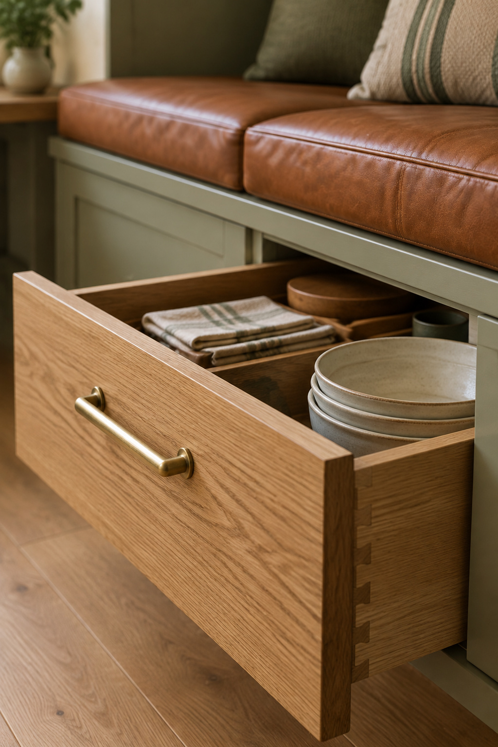 A full-extension drawer pulled open beneath a banquette bench seat, showing the slide hardware and folded linens inside