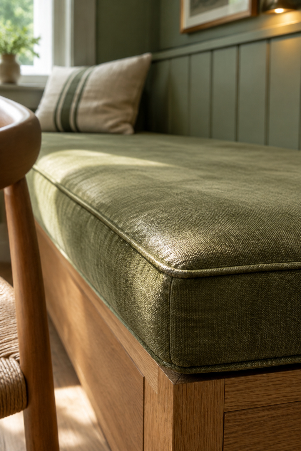 Close-up of an olive performance-fabric banquette cushion showing sit-edge abrasion sheen and a faded patch from window light