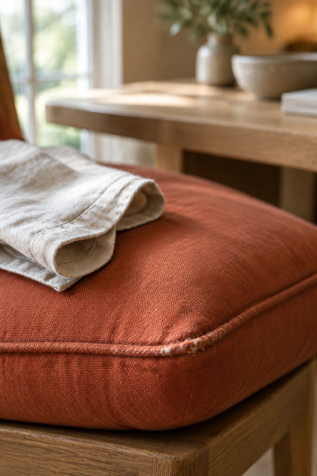 Close view of a terracotta banquette cushion's front seam showing visible wear at the sit edge