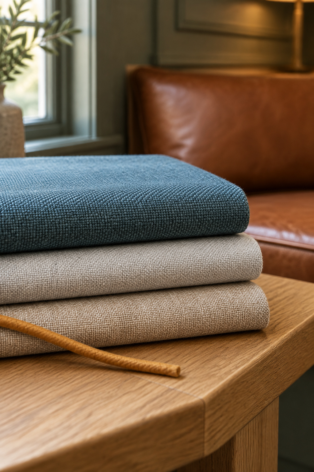 Three fabric swatches - solution-dyed acrylic, performance polyester, and treated cotton-linen blend - laid on an oak banquette bench