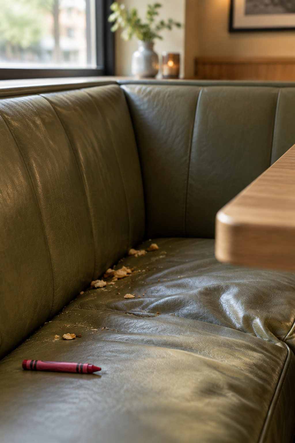 Close view of a banquette's back corner seam with crumbs and a rumpled cognac cushion, and a wax crayon left on the seat edge