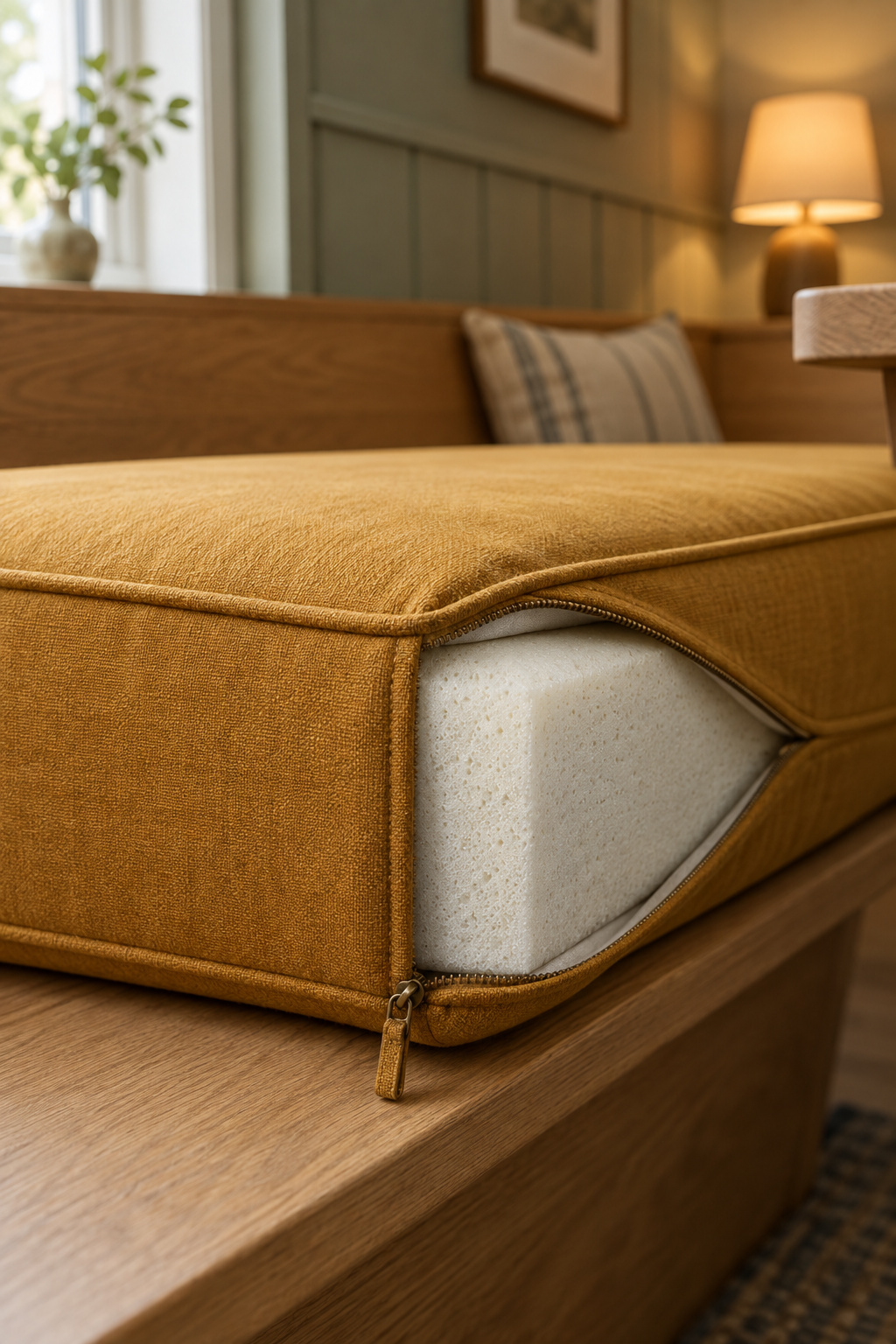 Banquette cushion corner unzipped to show a cross-section of dense high-resilience foam inside an ochre performance-fabric cover