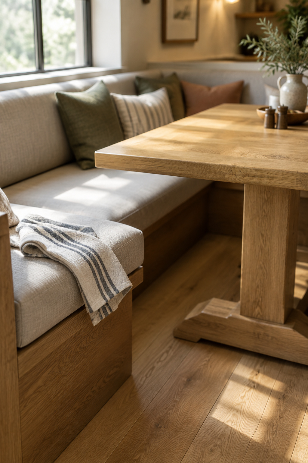 Corner banquette showing the seat cushion, table base and floor route together, with a dish towel left on the bench