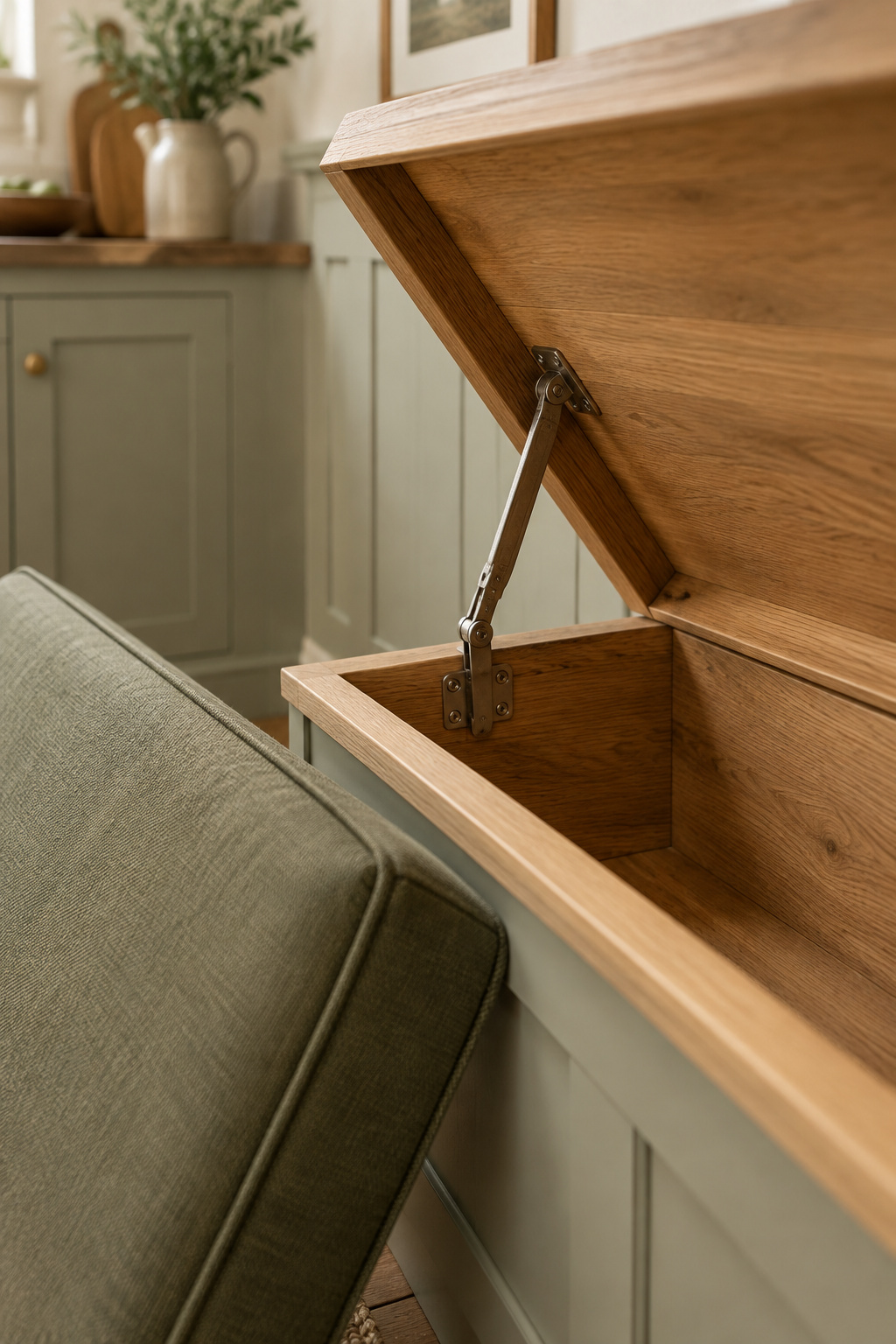 A banquette bench seat lifted open and held by a metal lid-stay hinge, revealing the storage cavity beneath the cushion