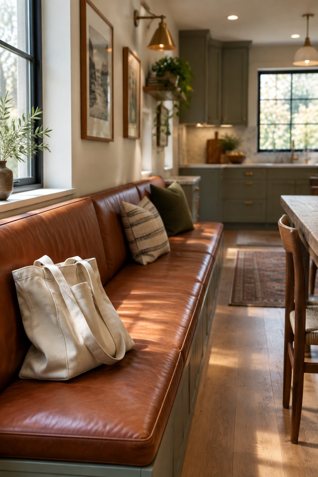Straight run of a putty-green built-in banquette with cognac leather cushions along a kitchen wall, a canvas bag left on one end