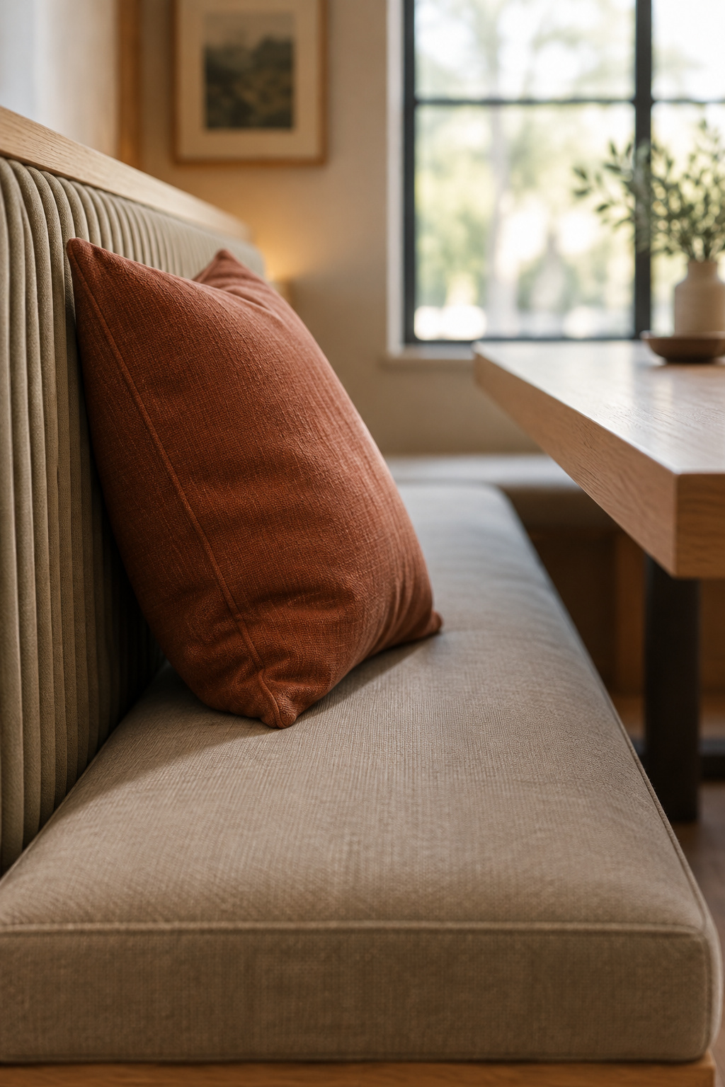 Side profile of a putty-green banquette bench showing seat cushion depth from the front edge to the fluted backrest, with a terracotta accent cushion