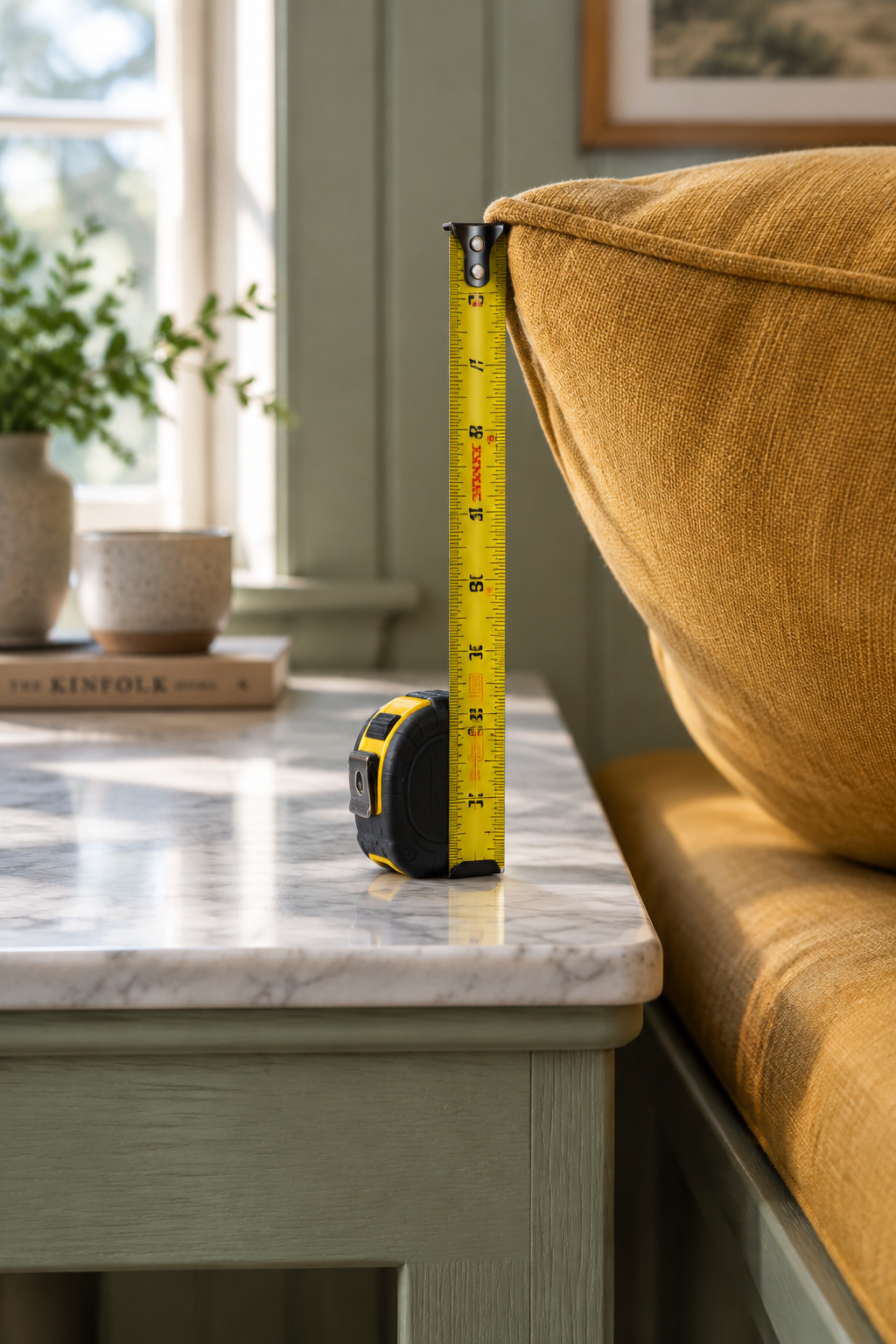 A tape measure propped vertically between a marble tabletop and an ochre banquette cushion, showing the seat-to-table clearance