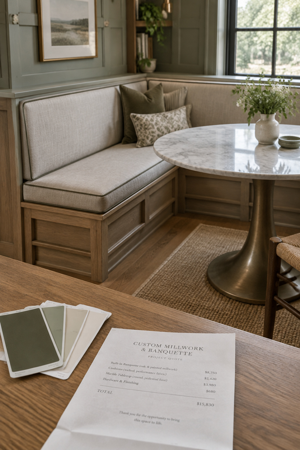 Built-in corner banquette in oak and painted millwork with a welted ochre cushion, a marble-topped table, and a folded estimate sheet on the table edge