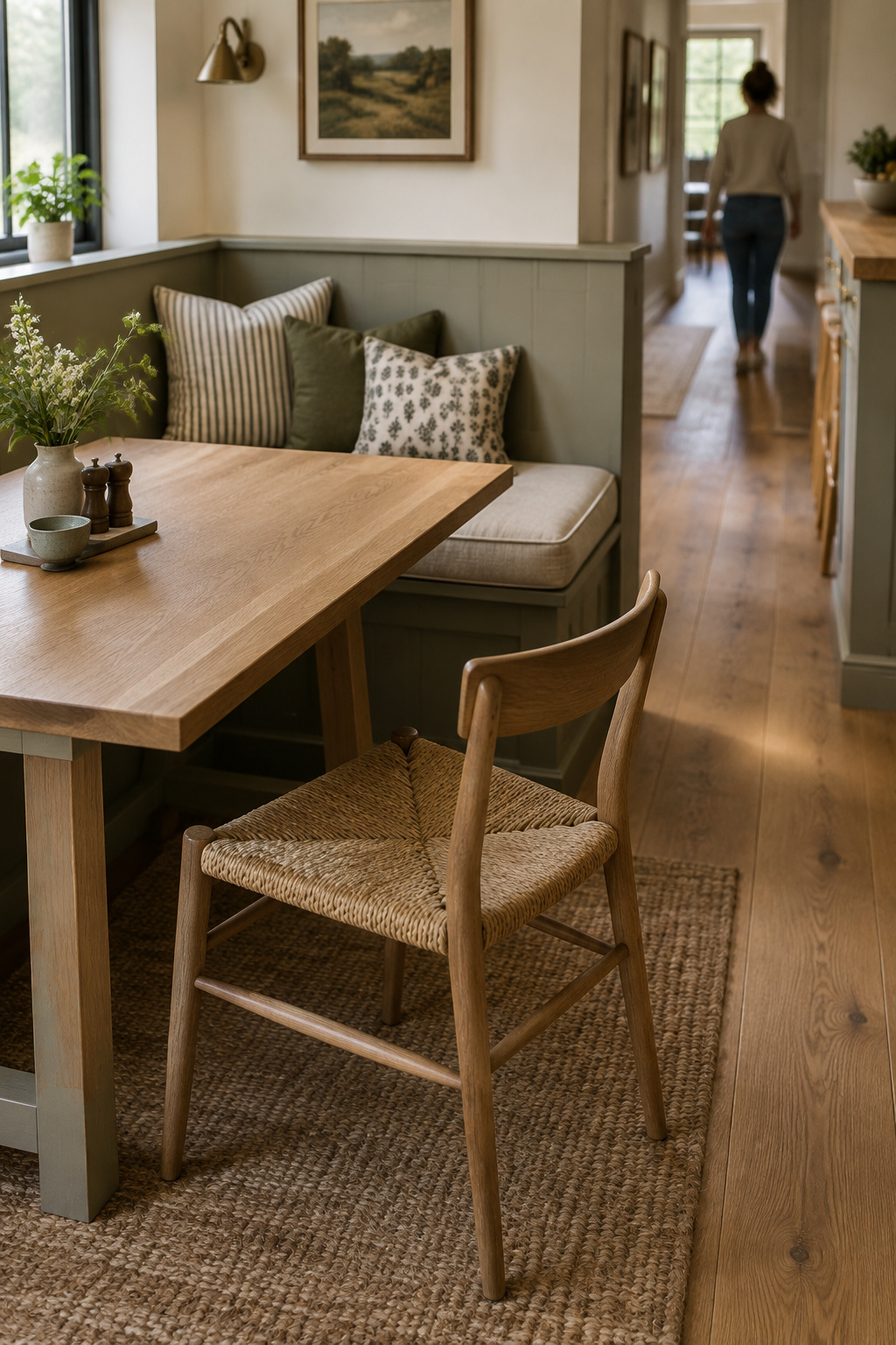 A corner kitchen banquette in oak and painted millwork with a cognac-leather cushion, the traffic route past it visible beyond the table