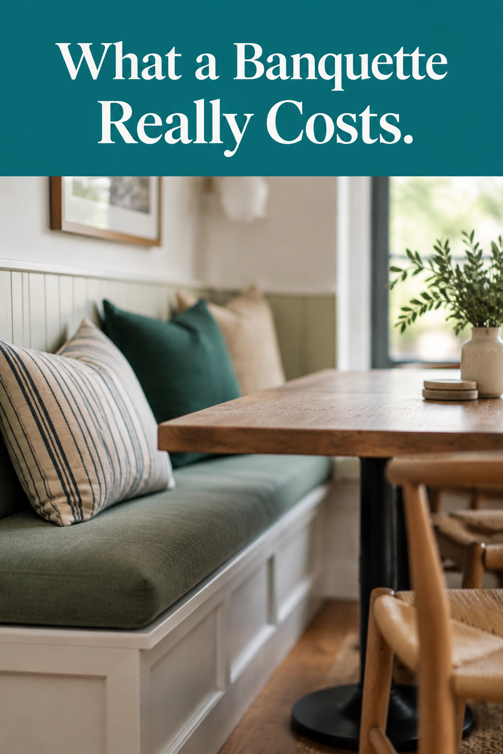 Pinterest collage of three banquette cost routes - cabinetmaker built-in, DIY cabinet-carcass build, and a freestanding bought bench - with the headline What a Banquette Really Costs