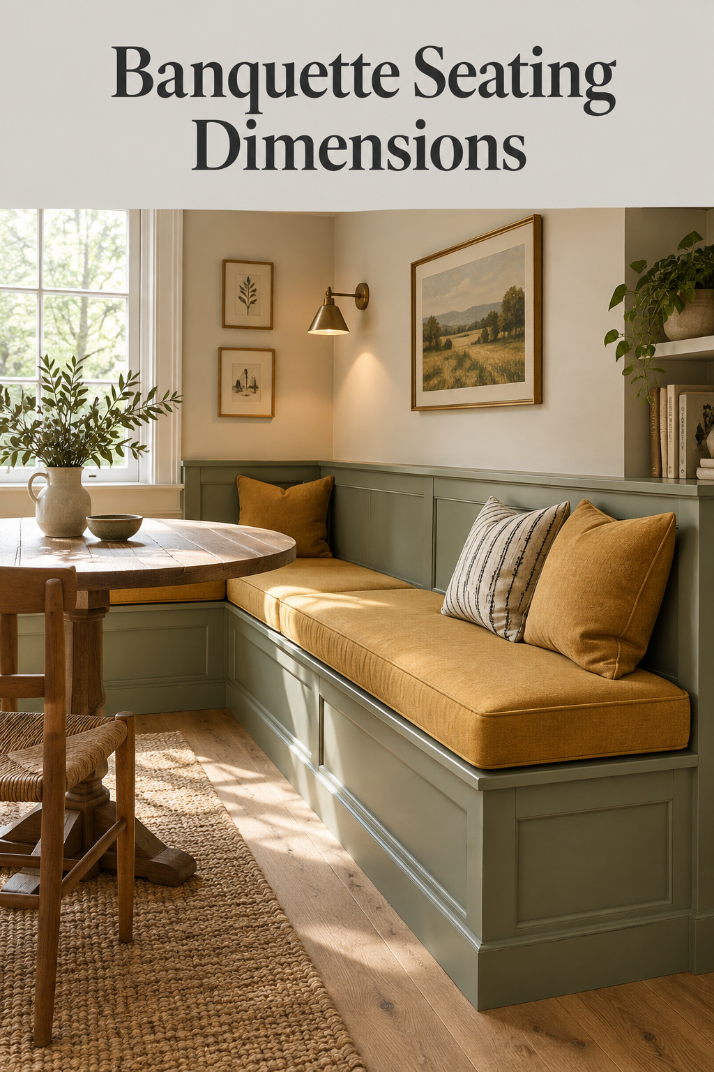 Pinterest pin showing three panels of banquette seating dimensions — seat height, seat depth and clearance — over a putty-grey banner reading Banquette Seating Dimensions