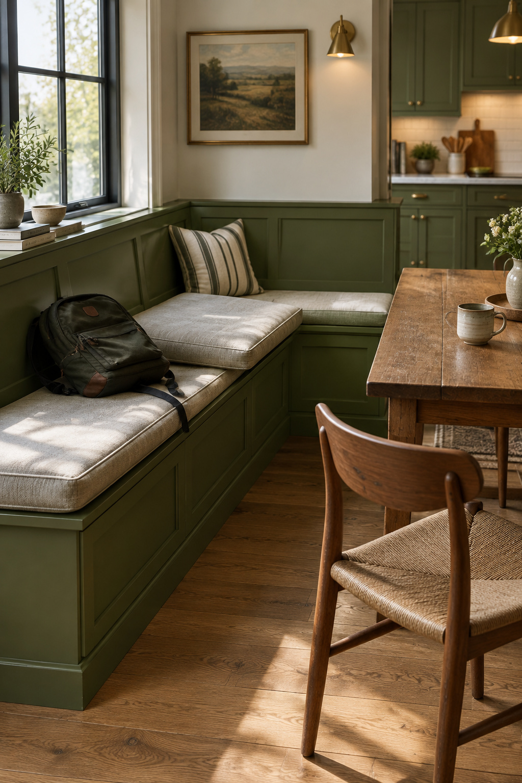 Corner kitchen banquette in olive-green painted millwork with a cognac leather cushion pushed out of place, a school bag on the seat, and a dining chair pulled out at an angle
