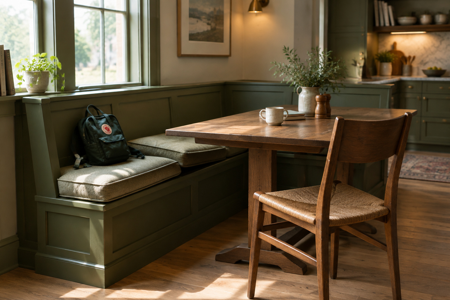 Corner kitchen banquette in olive-green painted millwork with a cognac leather cushion pushed out of place, a school bag on the seat, and a dining chair pulled out at an angle