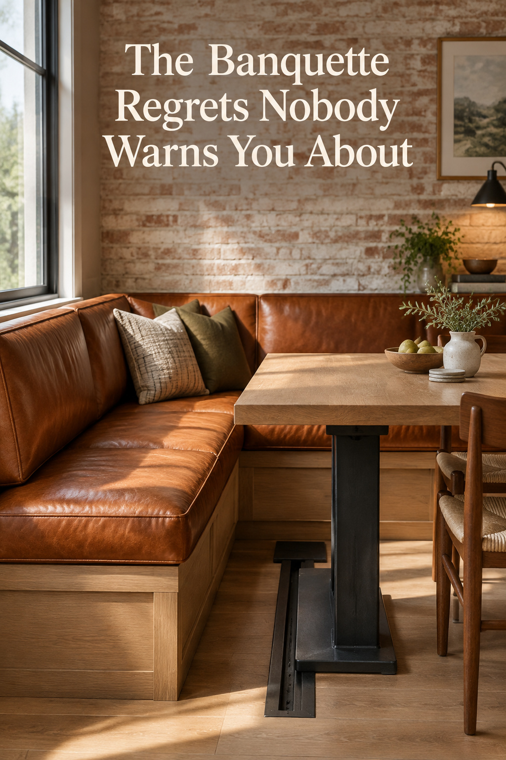 Pinterest pin with two panels showing banquette seating problems - a cushion out of place and a table base blocking the slide-in path - over a faded brick banner reading The Banquette Regrets Nobody Warns You About
