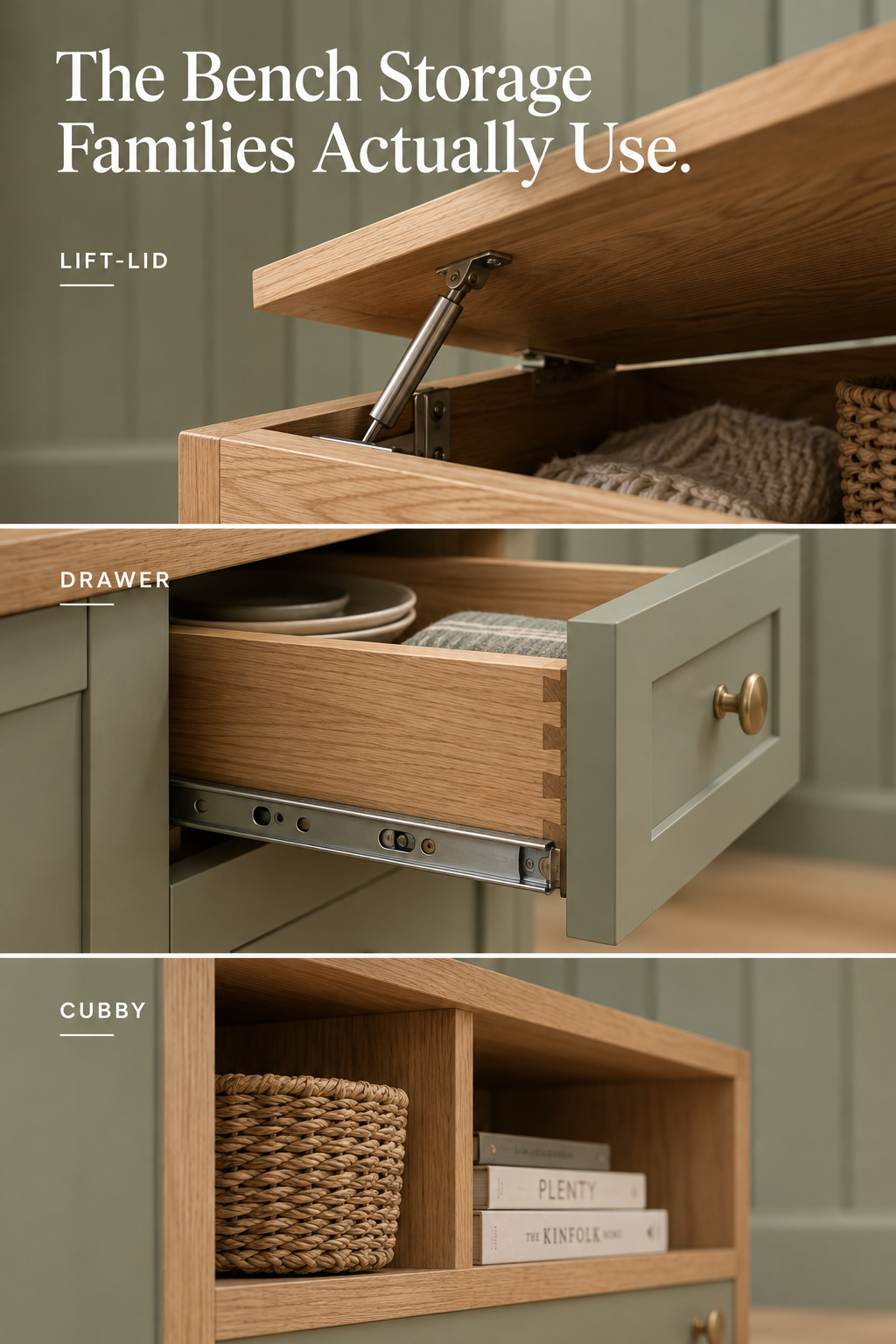 Pinterest pin comparing three kitchen banquette storage mechanisms — a lift-up seat, a front drawer and an open cubby — under the headline The Bench Storage Families Actually Use