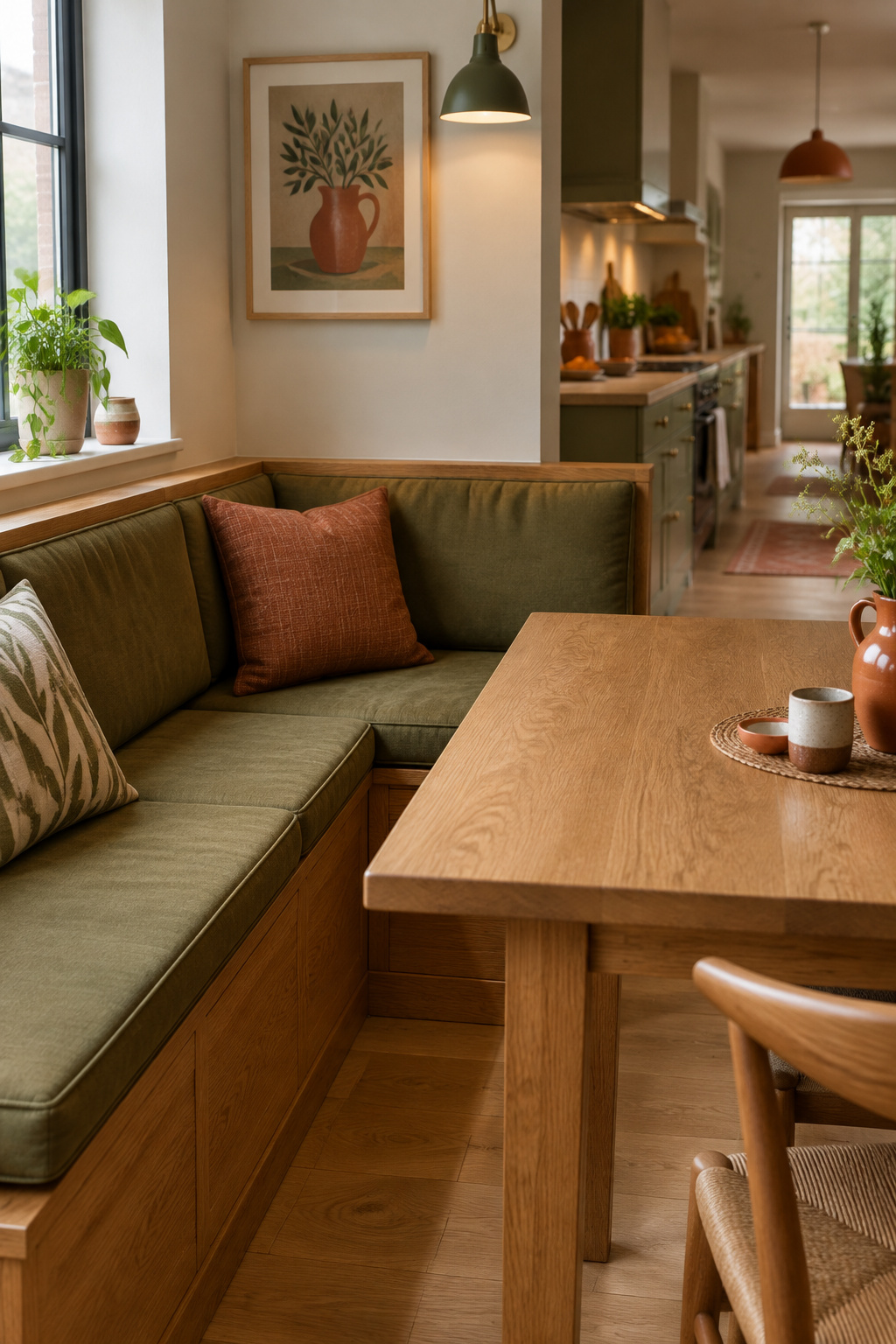 Three-quarter view of an L-shaped oak banquette occupying a kitchen corner, olive-green and terracotta cushions, marble table pulled up to the bench