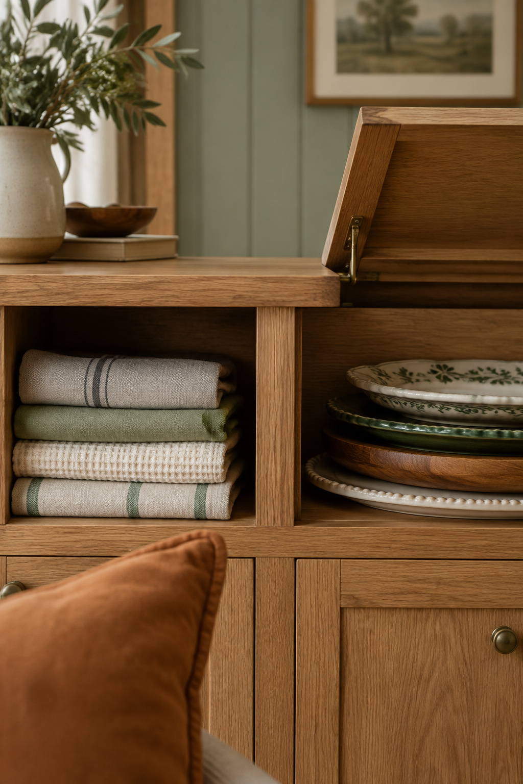An open banquette cubby holding folded everyday linens beside a lifted bench lid revealing stacked seasonal serving platters