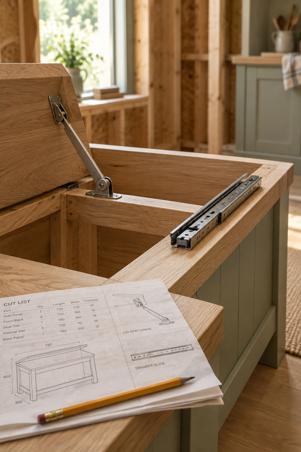 A partially built oak banquette bench frame with a lid-stay hinge and a drawer slide laid out on the seat surface for comparison