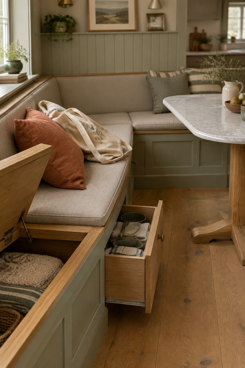 Corner kitchen banquette in oak and putty-green millwork with one lift-lid seat propped open and one storage drawer pulled out below the cushions