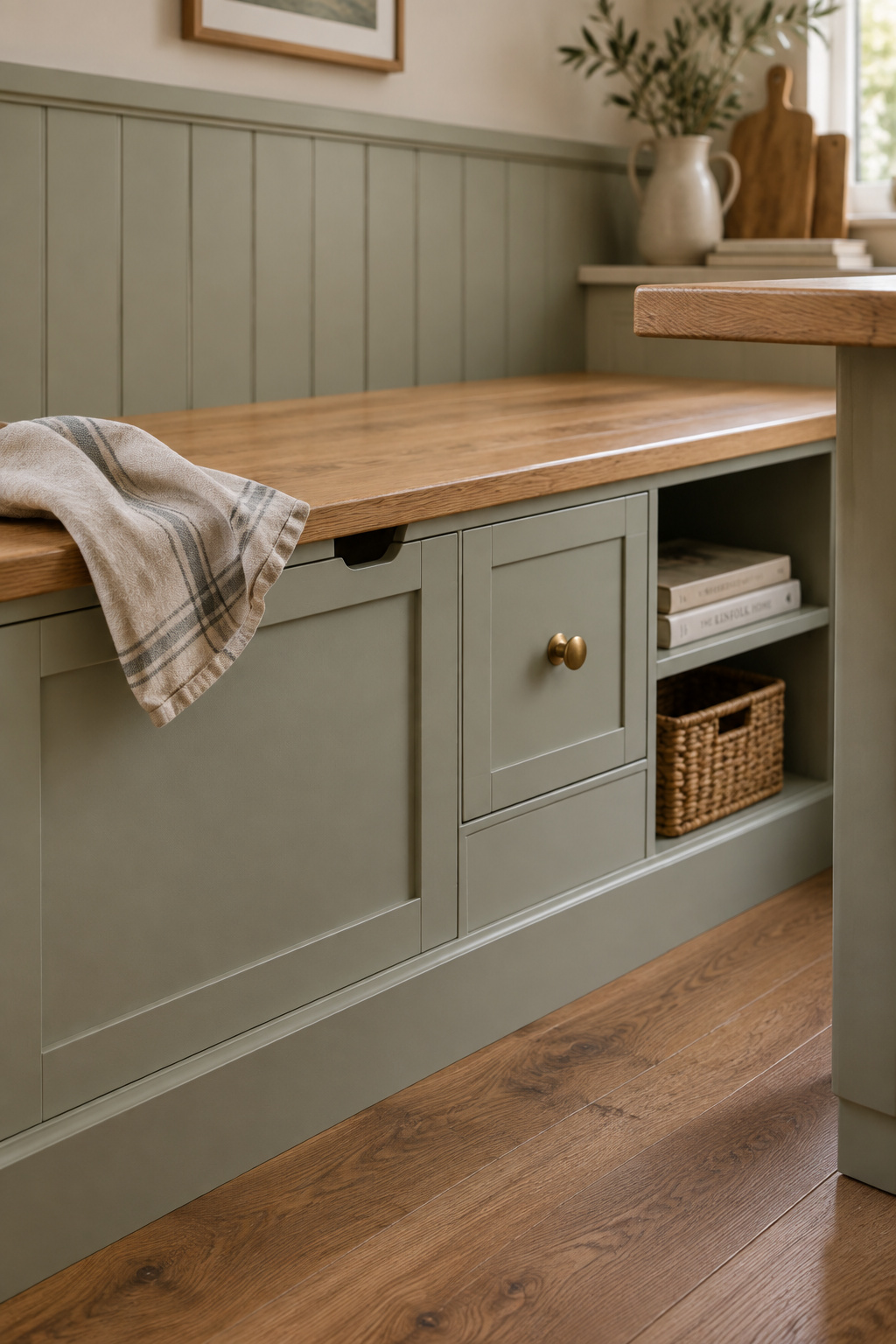One banquette bench showing three storage sections side by side: a hinged lift-lid, a drawer front, and an open cubby with a basket