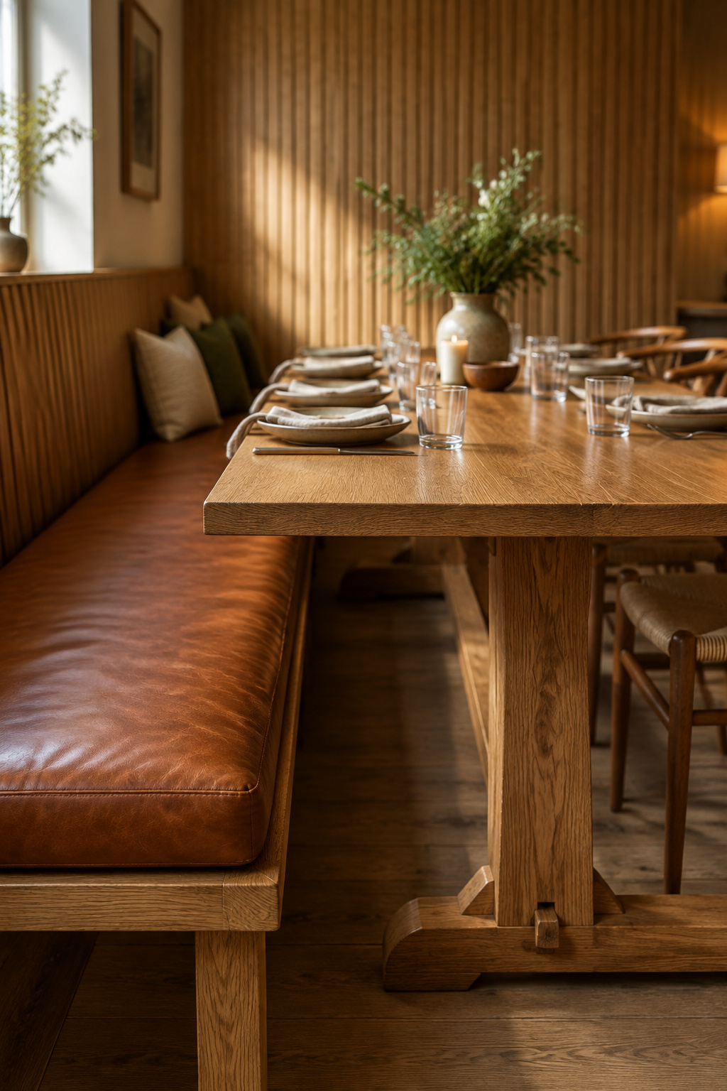 Long oak trestle table set with place settings on both a cognac leather banquette bench and facing dining chairs