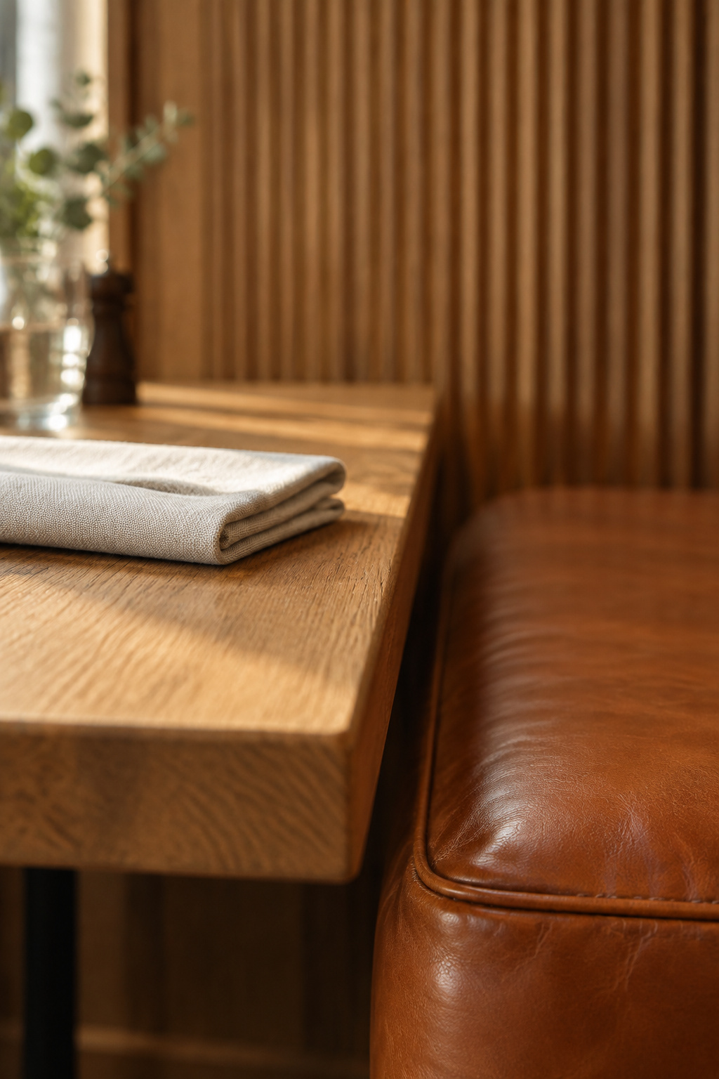 Close-up of an oak tabletop edge overlapping the front edge of a cognac leather banquette cushion by a small margin