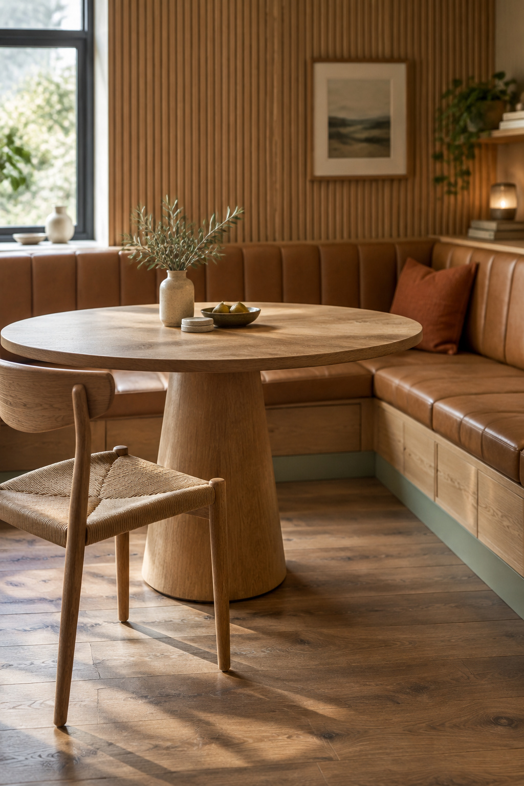Oak pedestal dining table with an open base standing beside a corner banquette bench upholstered in cognac leather with a terracotta cushion