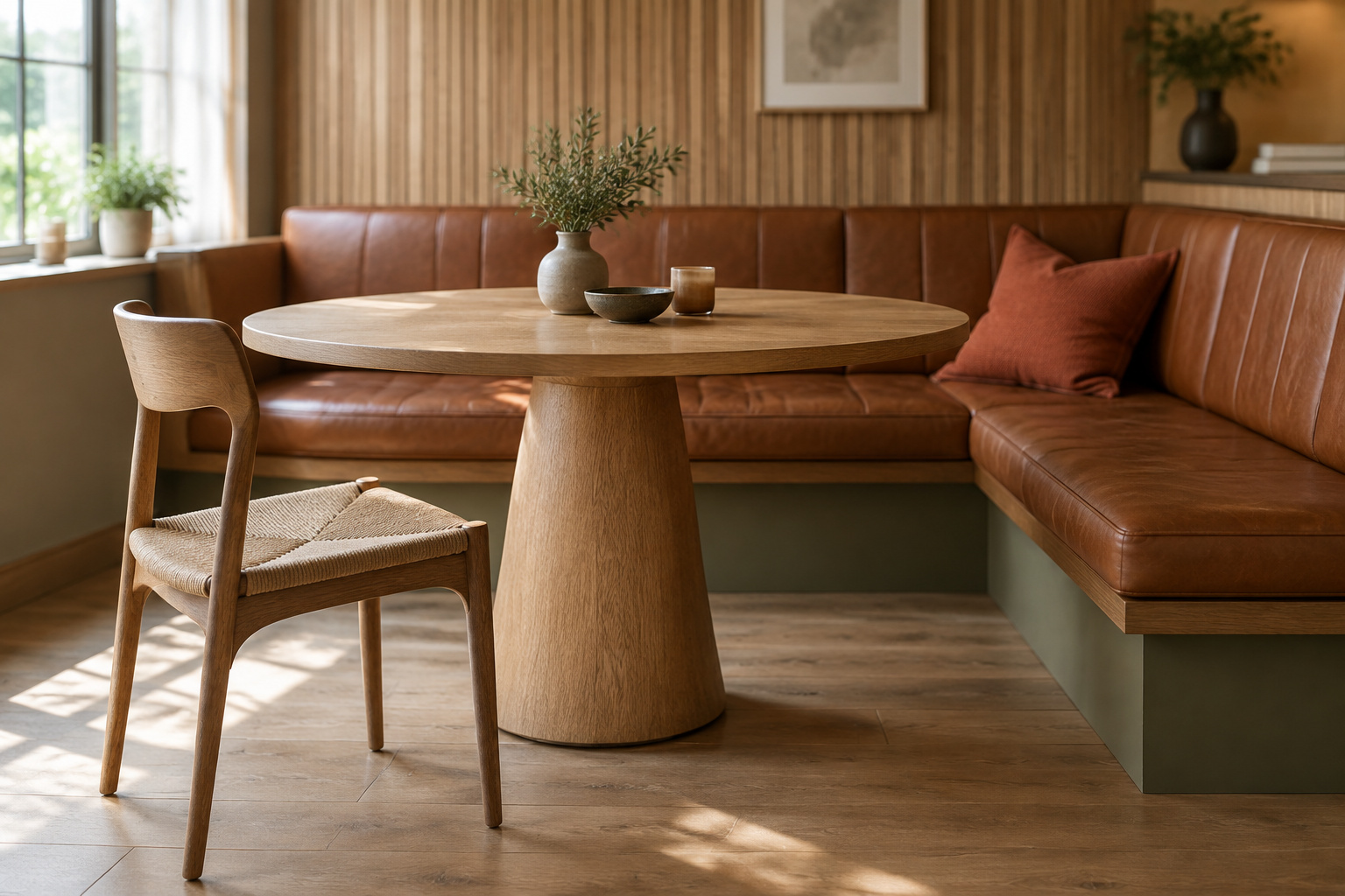 Oak pedestal dining table with an open base standing beside a corner banquette bench upholstered in cognac leather with a terracotta cushion