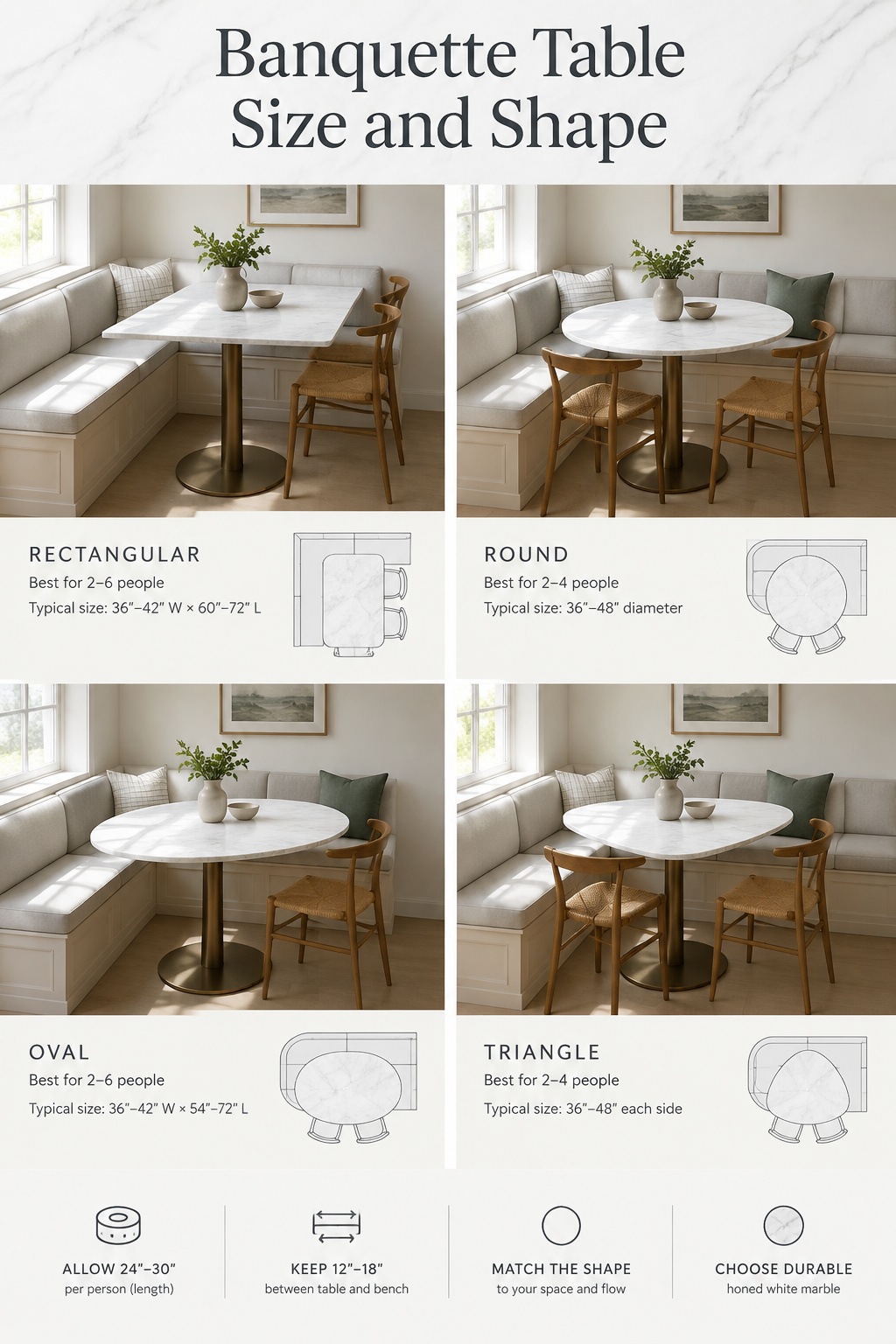 Three-panel Pinterest collage showing a pedestal table base, an oval table against a corner banquette, and a set banquette table, with the headline Banquette Table Size and Shape