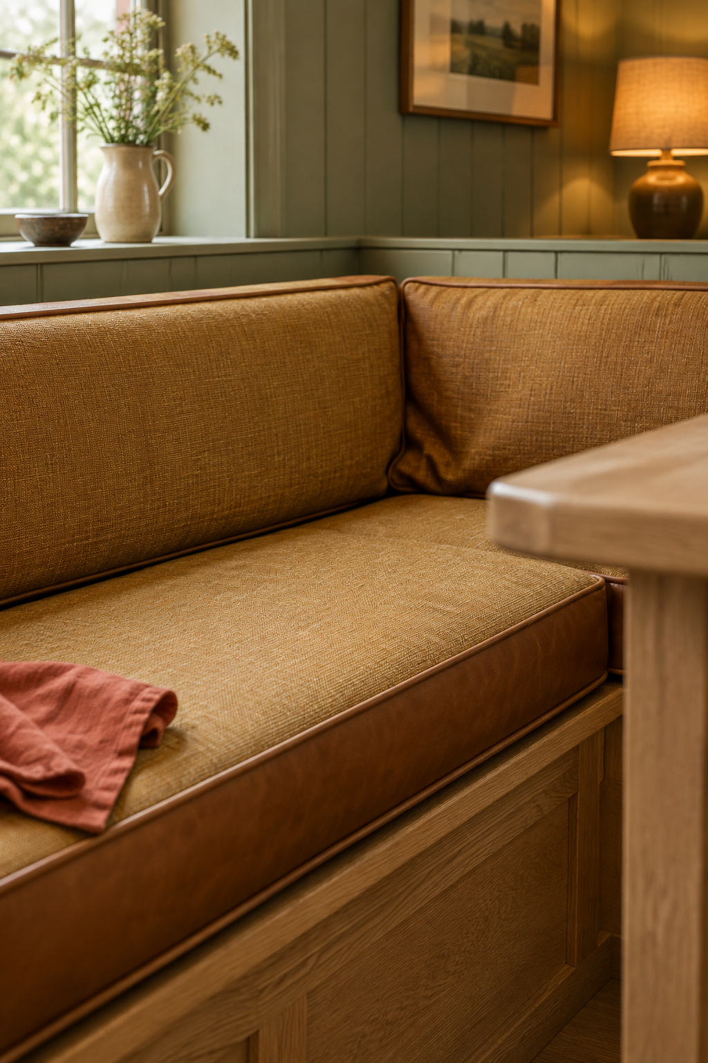 Built-in oak banquette corner with a boxed cognac leather and ochre linen cushion showing everyday wear at seated eye height