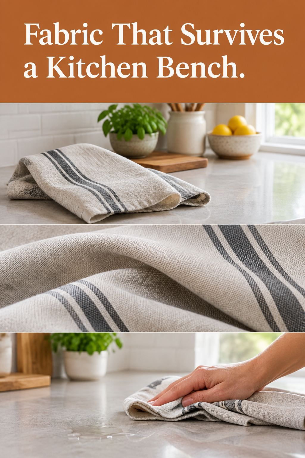 Pinterest pin collage of a banquette cushion, a performance fabric weave detail and a foam cross-section under a burnt amber headline band reading Fabric That Survives a Kitchen Bench