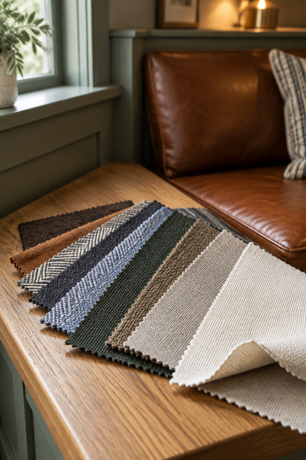 A fan of fabric swatches - solution-dyed acrylic, performance polyester, cognac leather and treated cotton-linen - spread on an oak banquette bench before a decision