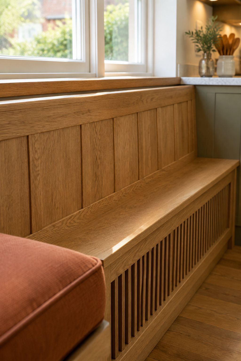 Oak banquette backrest stopping below a low window sill with a vented radiator cover panel at its base
