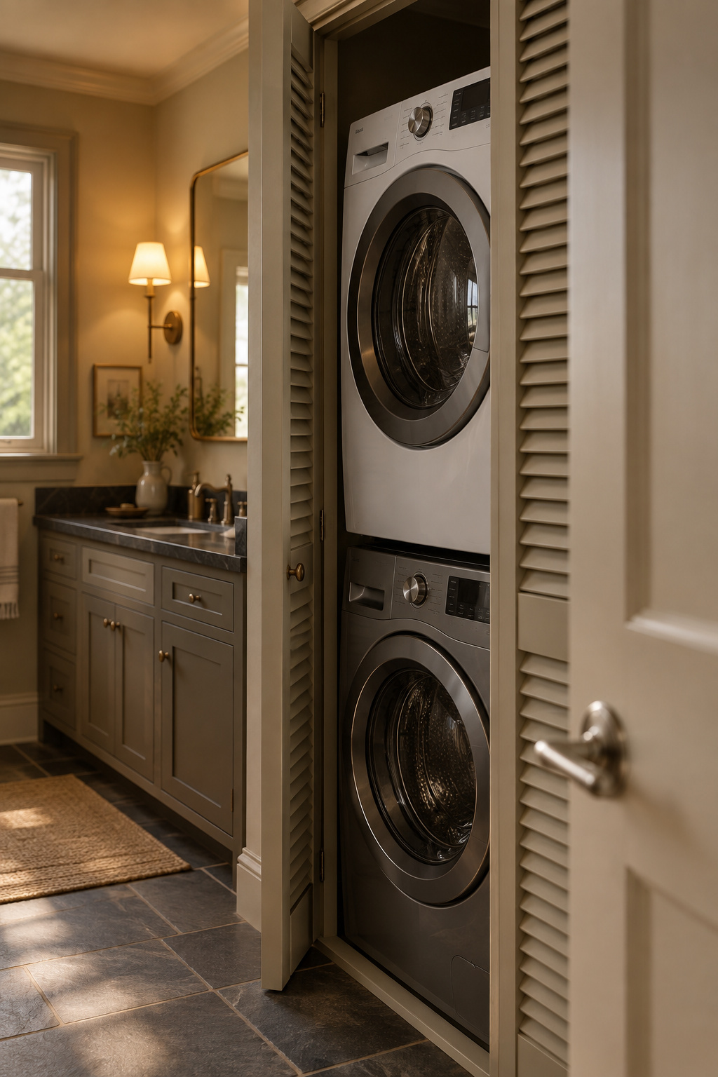 Stacked washer and dryer fitted into a shallow louvre alcove clear of the bathroom door's swing arc