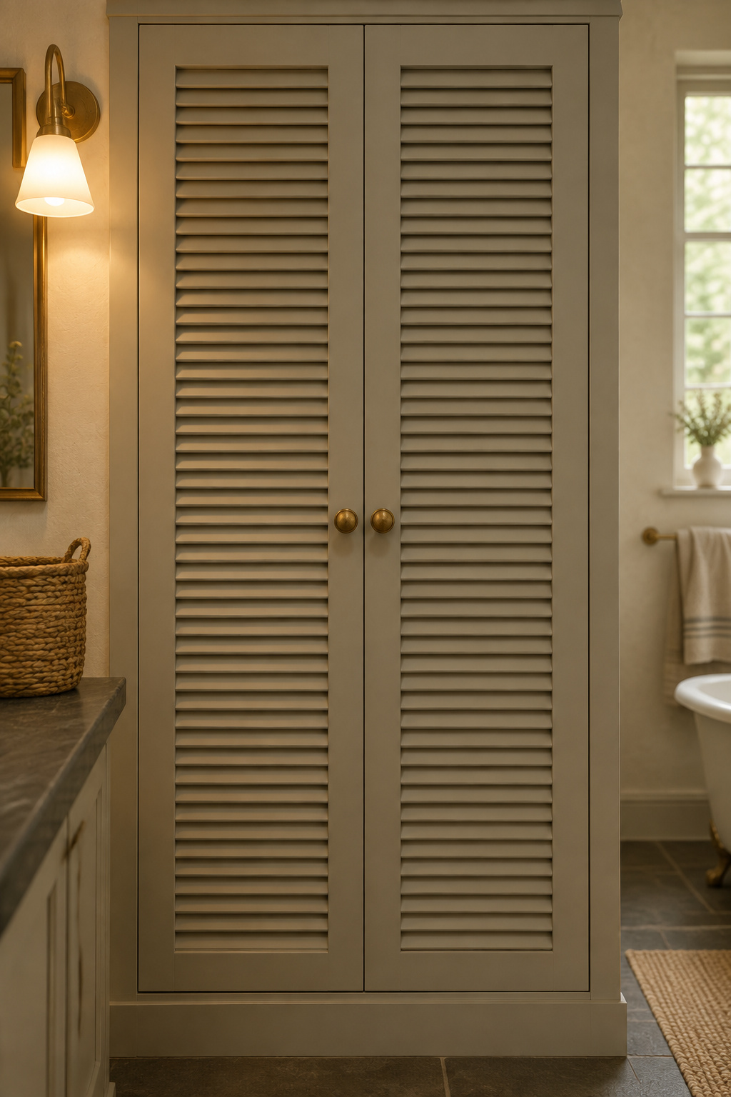 Closed putty-painted louvred cabinet doors with unlacquered brass knobs concealing a stacked bathroom washer and dryer