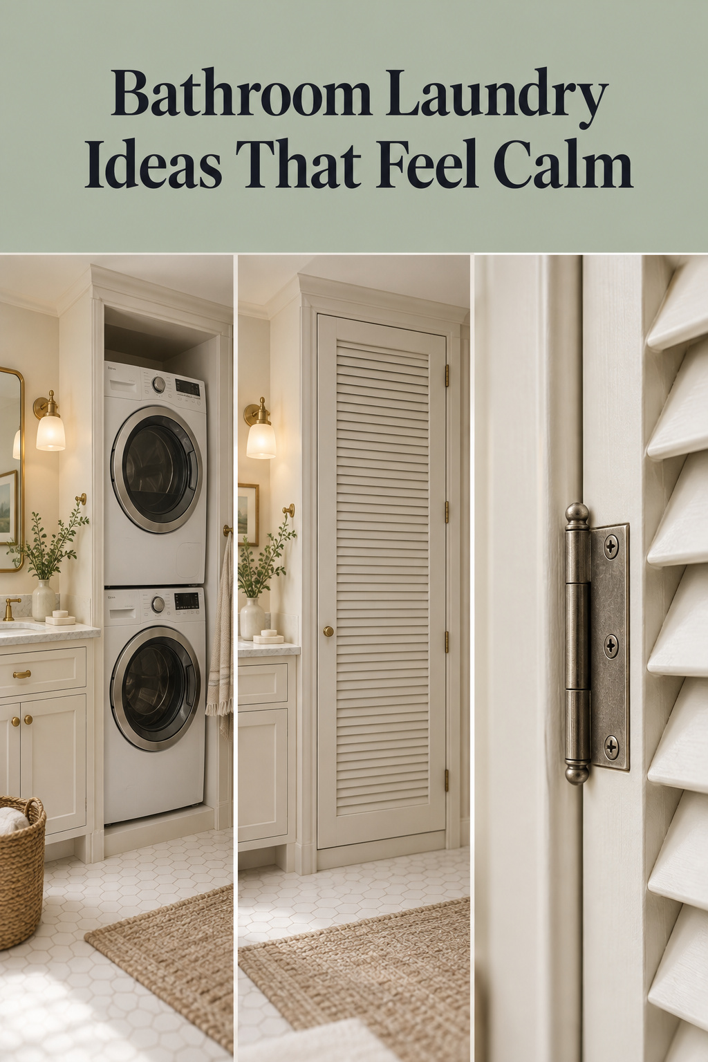 Pinterest collage of a bathroom laundry stack, a louvered concealment cabinet, and brass hardware detail with the headline Bathroom Laundry Ideas That Feel Calm