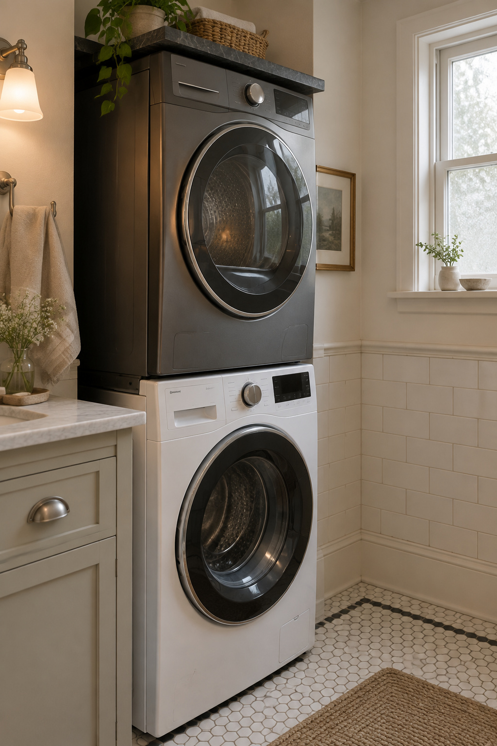 Stacked white washer and graphite dryer beside a putty vanity in an older-home bathroom with period tile wainscot