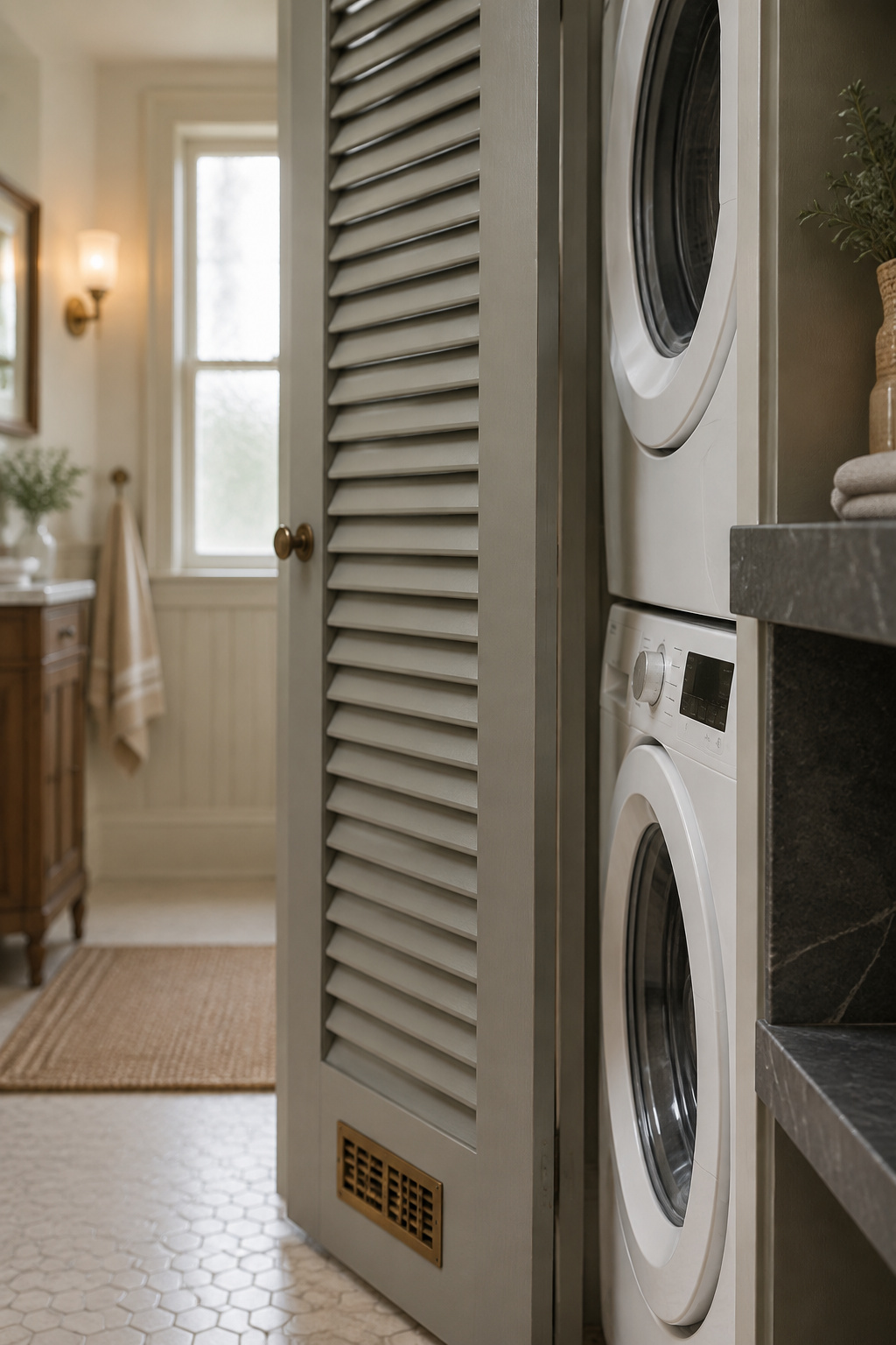 Louvred bathroom door standing ajar with a brass make-up air grille beside a stacked washer and dryer