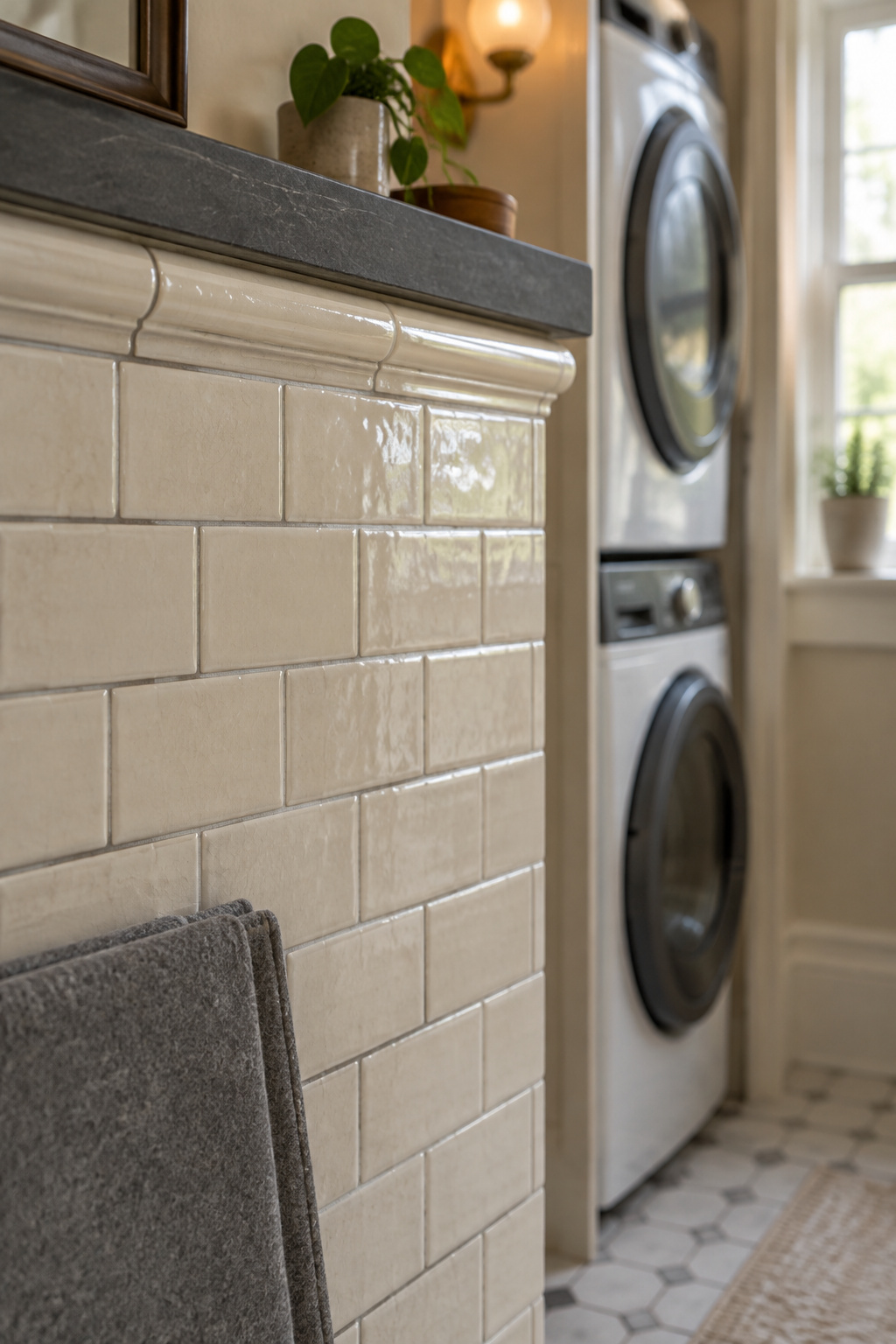 Original period tile wainscot with a bullnose cap protected beside a stacked bathroom washer and dryer